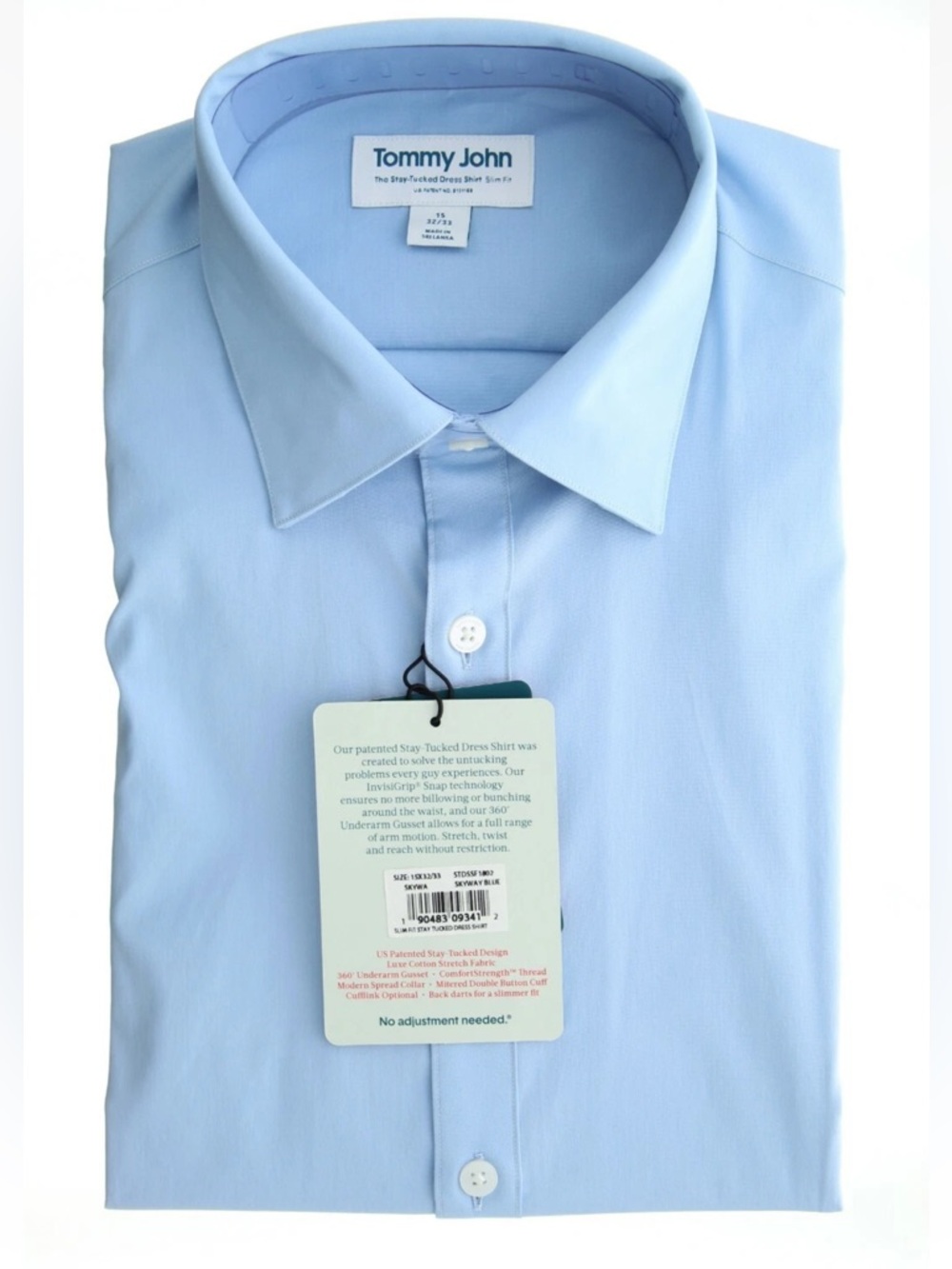 Tommy John Slim Fit Light Skyway Blue Dress Shirt NWT MSRP $60 sz 16 &17.5 - Picture 2 of 5